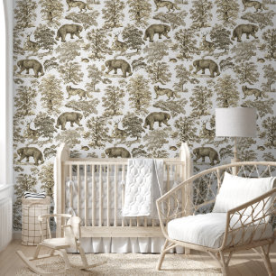 Classy Elegant Rustic Beige Forest Animals Toile Wallpaper