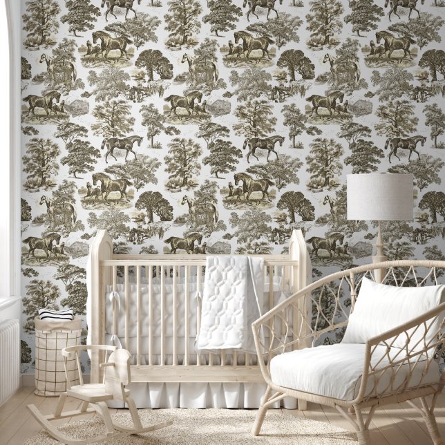 Classy Elegant Rustic Beige Horse Toile Wallpaper (Kids)