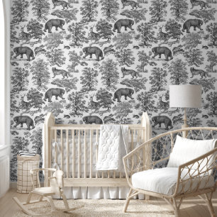 Classy Elegant Rustic Black Forest Animals Toile Wallpaper