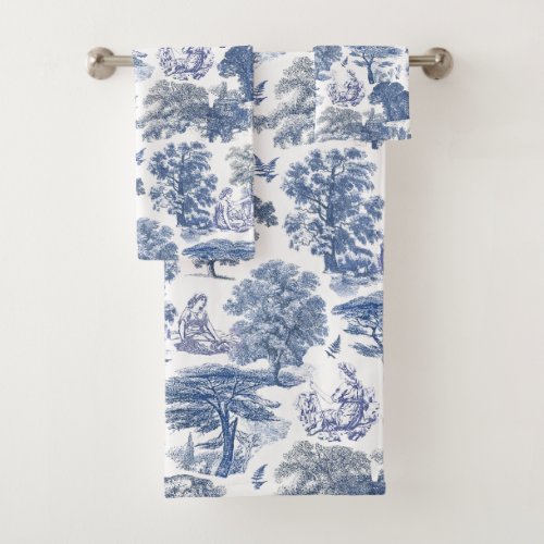 Classy Elegant Rustic Blue Country Toile Bath Towel Set