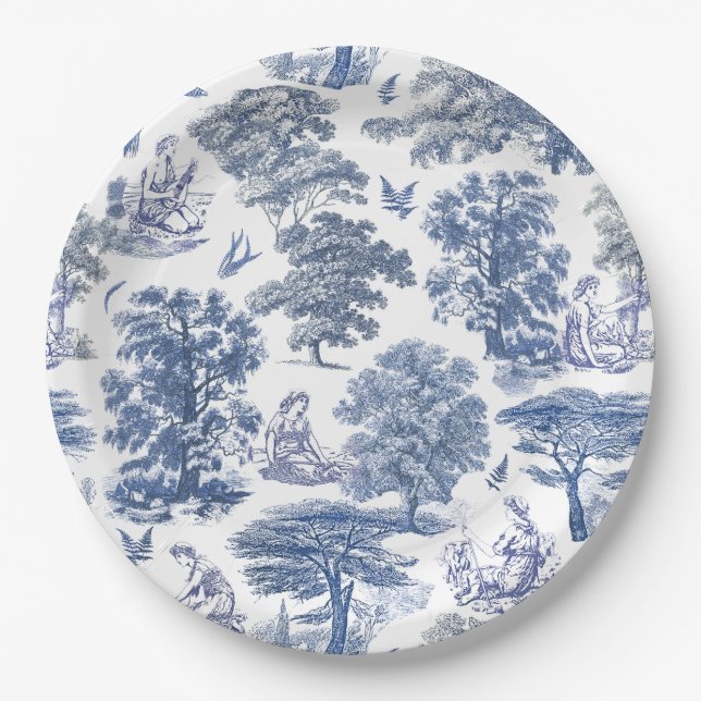 Classy Elegant Rustic Blue Country Toile Paper Plates (Front)
