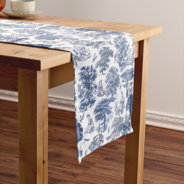 Classy Elegant Rustic Blue Country Toile Short Table Runner (In Situ)