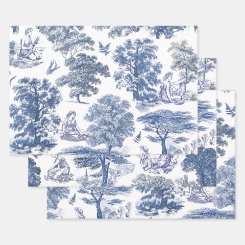 Classy Elegant Rustic Blue Country Toile Wrapping Paper Sheets