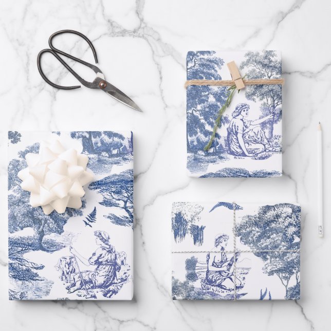 Classy Elegant Rustic Blue Country Toile Wrapping Paper Sheets (Front)