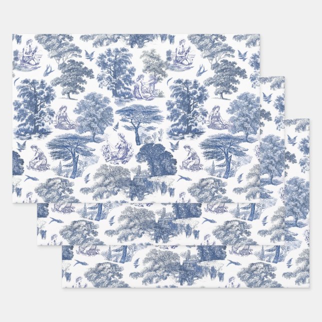 Classy Elegant Rustic Blue Country Toile Wrapping Paper Sheets (Set)