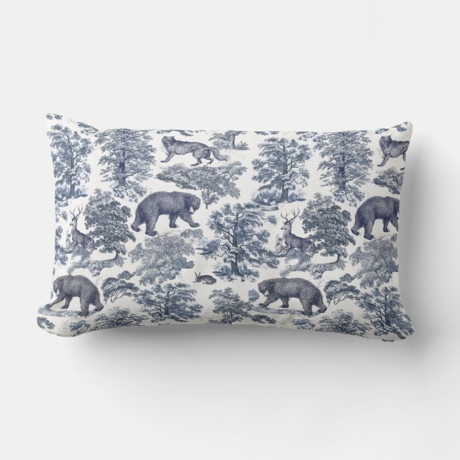 Classy Elegant Rustic Blue Forest Animals Toile Lumbar Pillow (Front)
