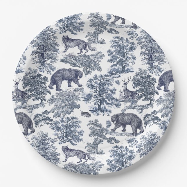 Classy Elegant Rustic Blue Forest Animals Toile Paper Plates (Front)
