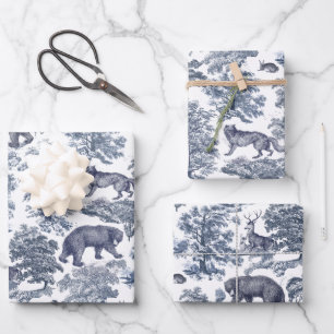 Classy Elegant Rustic Blue Forest Animals Toile Wrapping Paper Sheets