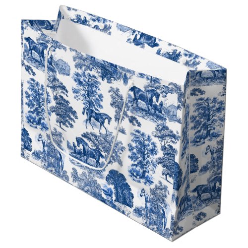 Classy Elegant Rustic Blue Horses Country Toile Large Gift Bag
