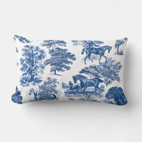Classy Elegant Rustic Blue Horses Country Toile Lumbar Pillow