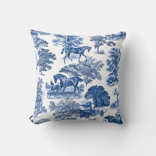 Classy Elegant Rustic Blue Horses Country Toile Throw Pillow