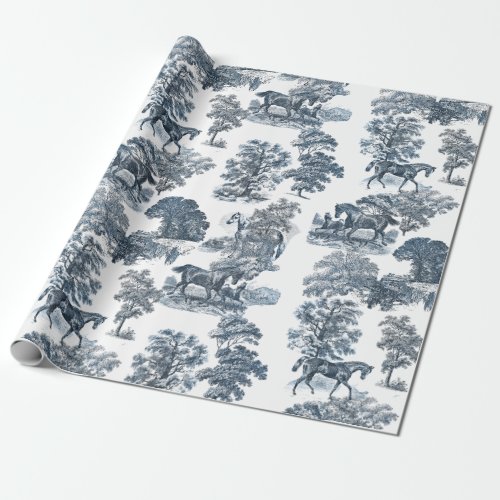 Classy Elegant Rustic Blue Horses Country Toile  Wrapping Paper