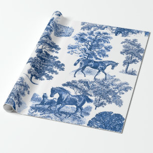 Classy Elegant Rustic Blue Horses Country Toile Wrapping Paper