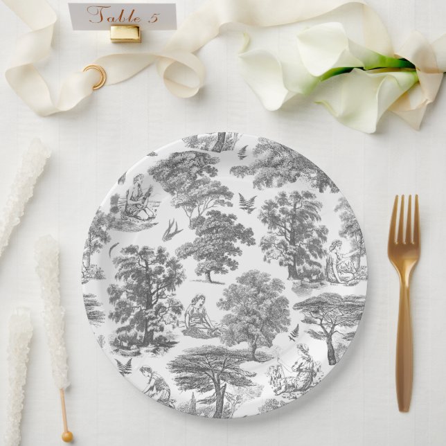 Classy Elegant Rustic Gray Country Toile Paper Plates (Wedding)
