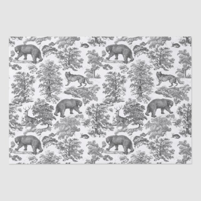 Classy Elegant Rustic Gray Forest Animals Toile Tissue Paper (Front)