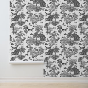 Classy Elegant Rustic Gray Fox Forest Animal Toile Wallpaper