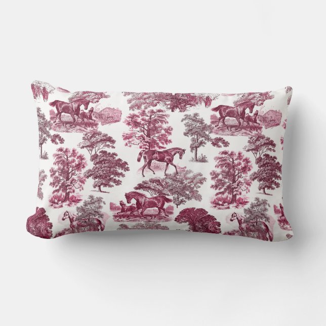 Classy Elegant Rustic Magenta Red Toile Horses Lumbar Pillow (Front)