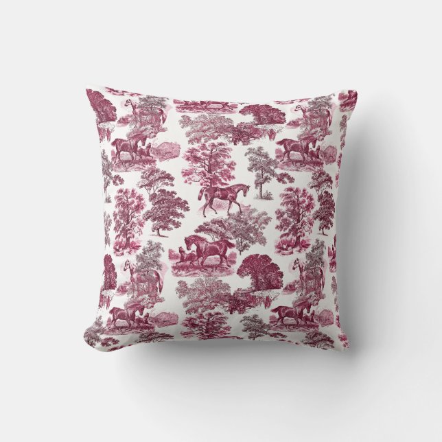 Classy Elegant Rustic Magenta Red Toile Horses  Throw Pillow (Front)