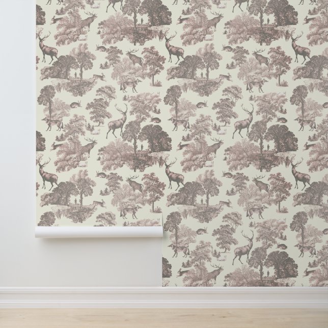 Classy Elegant Rustic Pink Deer Woodland Toile Wallpaper (Application)
