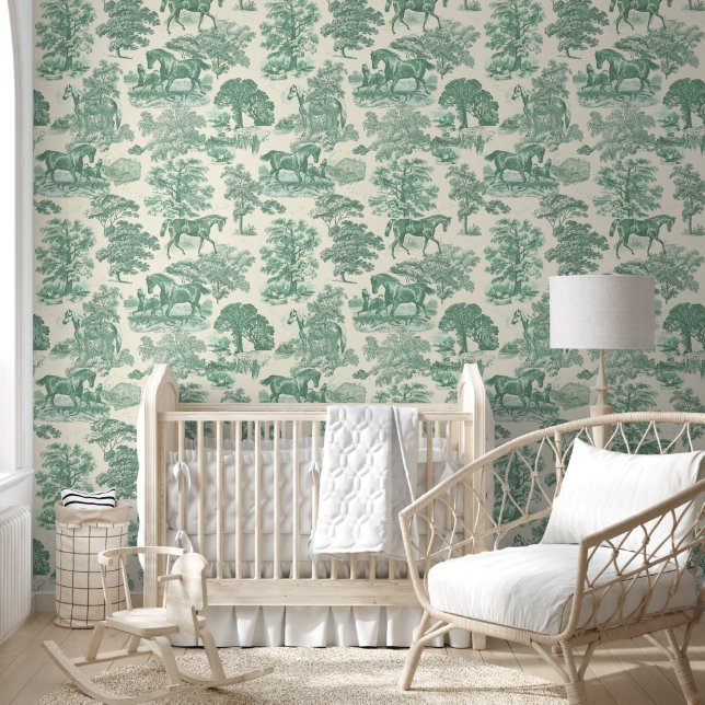 Classy Elegant Rustic Sage Green Horse Toile Wallpaper (Kids)