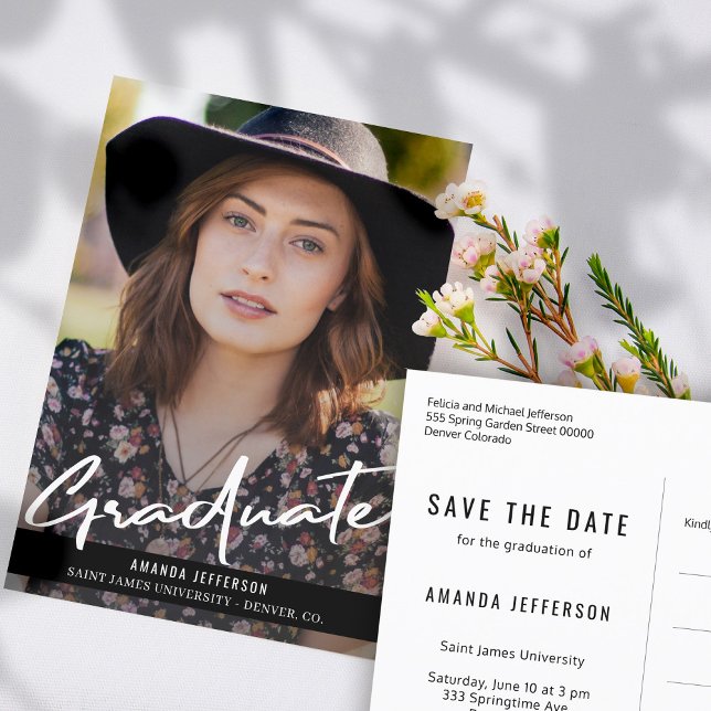Classy elegant save the date graduation photo announcement postcard (Creator Uploaded)
