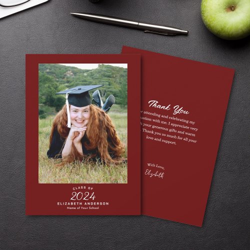 Classy Elegant Script Burgundy Graduation Photo Thank You Card
