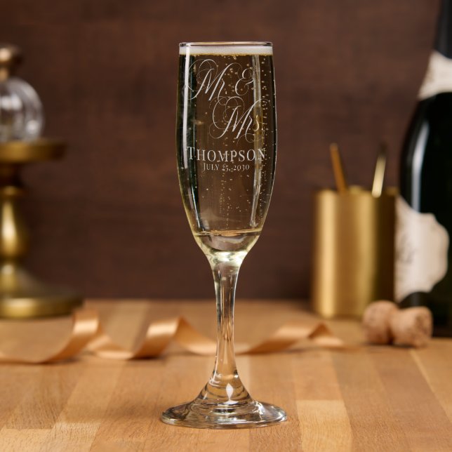 Classy Elegant Script Mr and Mrs Personalized Champagne Flute (Party)
