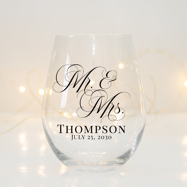 Classy Elegant Script Mr and Mrs Personalized Stemless Wine Glass (Creator Uploaded)