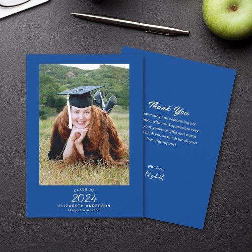 Classy Elegant Script Royal Blue Graduation Photo Thank You Card