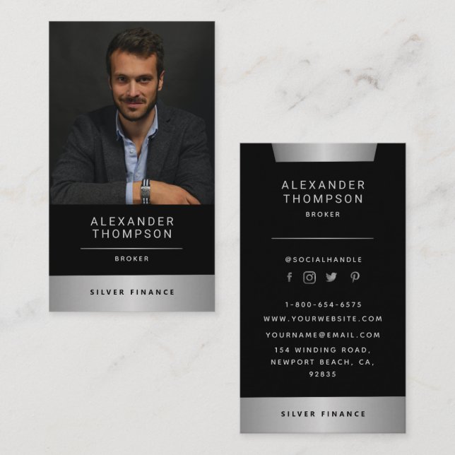 Classy Elegant Silver CEO Professional Photo Business Card (Front/Back)