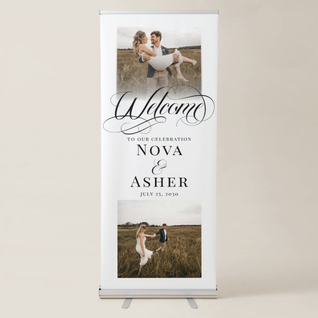 Classy Elegant Simple 2 Photo Wedding Welcome Retractable Banner (Front)