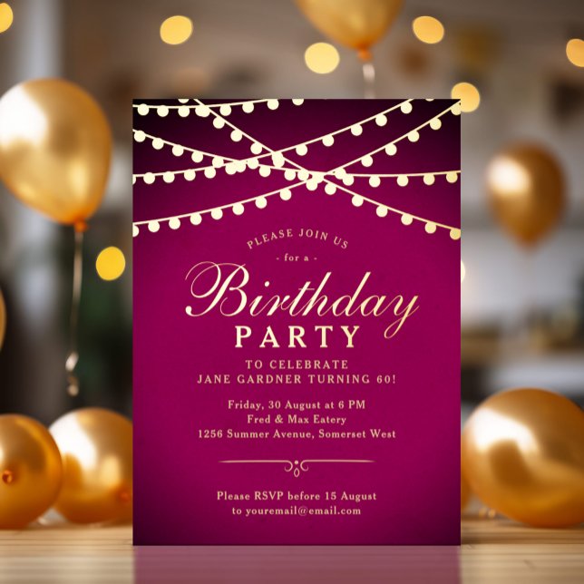 Classy Elegant String Lights 60th Birthday Party Foil Invitation Postcard (60th birthday party invitation with pink background, gold foil string lights and elegant look.)