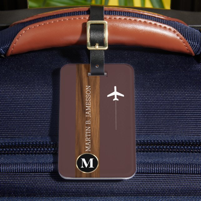  Classy Elegant Traveler Wood monogrammed Name  Luggage Tag (Front Insitu 2)