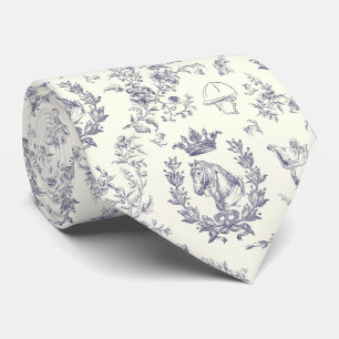 Classy Elegant Vintage Blue Equestrian Toile Neck Tie