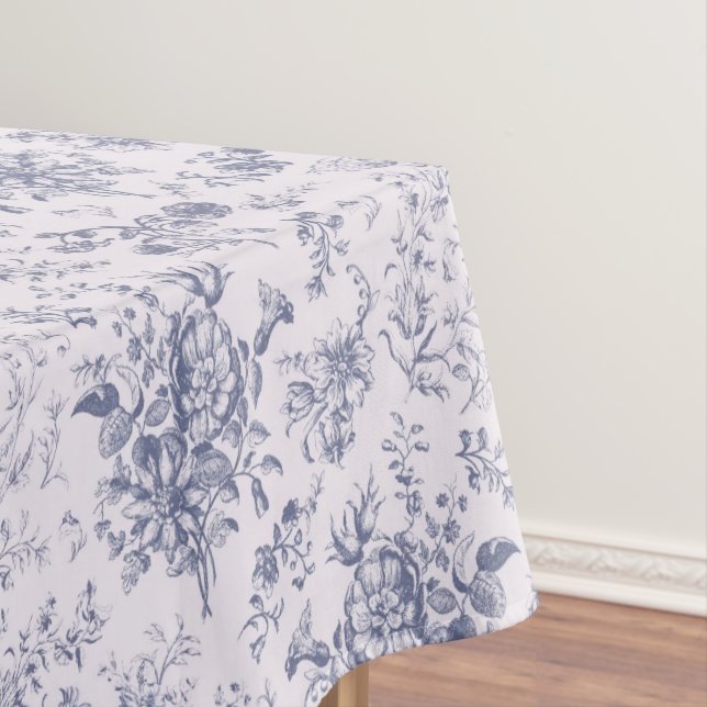 Classy Elegant Vintage Blue Floral Toile Tablecloth (In Situ)