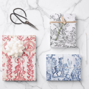 Classy Elegant Vintage Blue Red Gray Toile Wrapping Paper Sheets