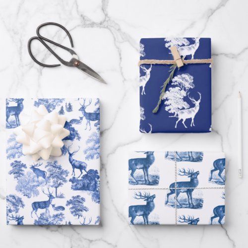 Classy Elegant Vintage Blue Toile Deer in Woodland Wrapping Paper Sheets
