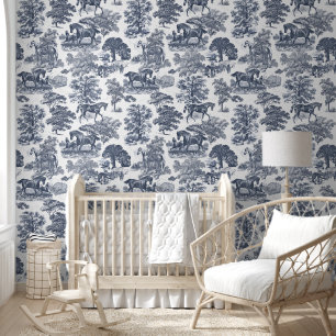 Classy Elegant Vintage Dusty Blue Horse Toile Wallpaper