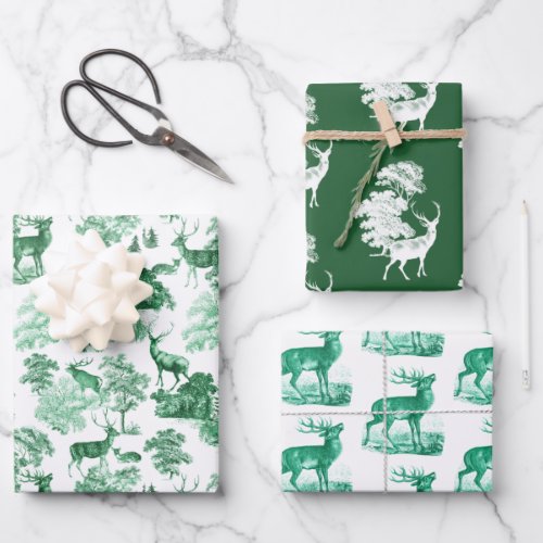 Classy Elegant Vintage Green Toile Deer Woodland Wrapping Paper Sheets
