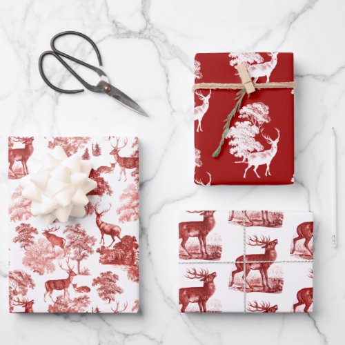 Classy Elegant Vintage Red Toile Deer in Woodland Wrapping Paper Sheets