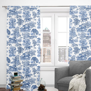Classy Elegant Vintage Rustic Blue Horse Toile Sheer Curtains