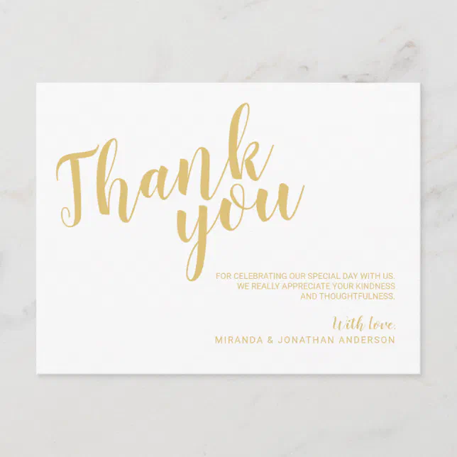 Classy Elegant White and Gold Wedding Thank You Postcard | Zazzle