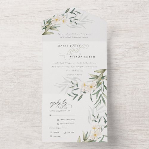 Classy Elegant White Greenery Floral Wedding All In One Invitation