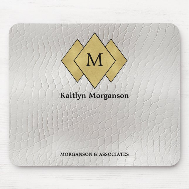 Classy Elegant White Leather Monogrammed  Mouse Pad (Front)