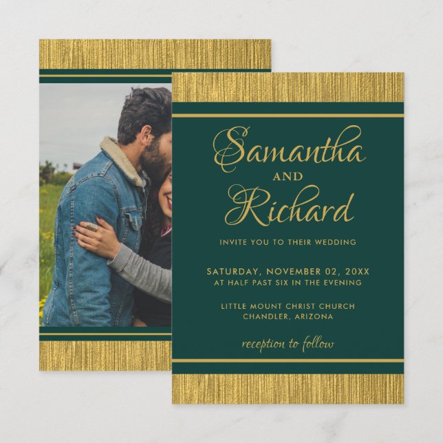 Classy Emerald Green And Gold Photo Wedding Invitation (Front/Back)
