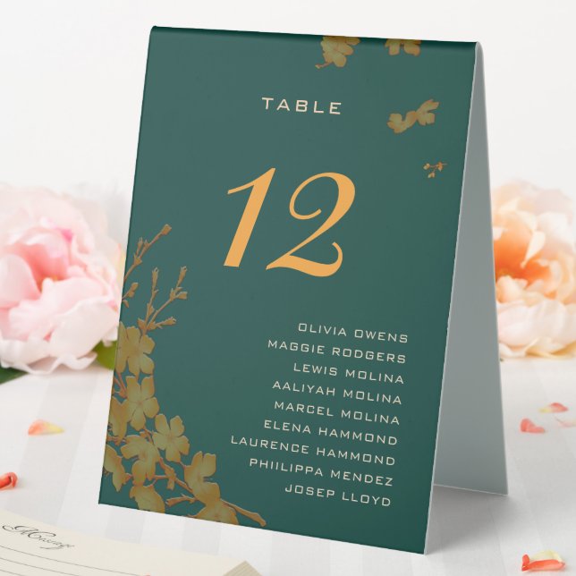 Classy Emerald Green Gold Floral Guest Names  Table Tent (In SItu (Wedding))