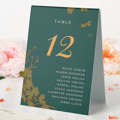 Classy Emerald Green Gold Floral Guest Names  Table Tent Sign