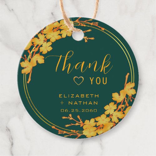 Classy Emerald Green Gold Floral Wedding Thank You Favor Tags