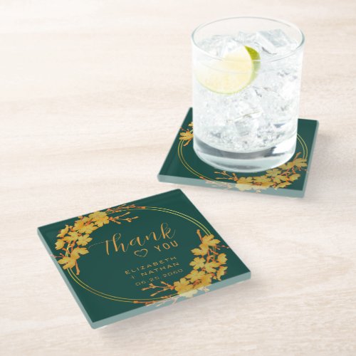 Classy Emerald Green Gold Floral Wedding Thank You Glass Coaster