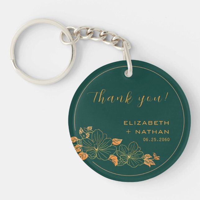 Classy Emerald Green Gold Floral Wedding Thank You Keychain (Front)